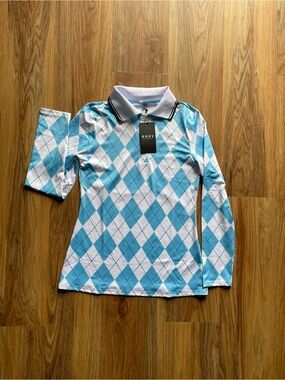 Blue & White Argyle Long-Sleeve Polo Top